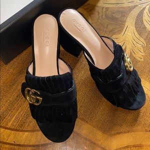 Gucci Marmont Suede fringe sandal heels/slides